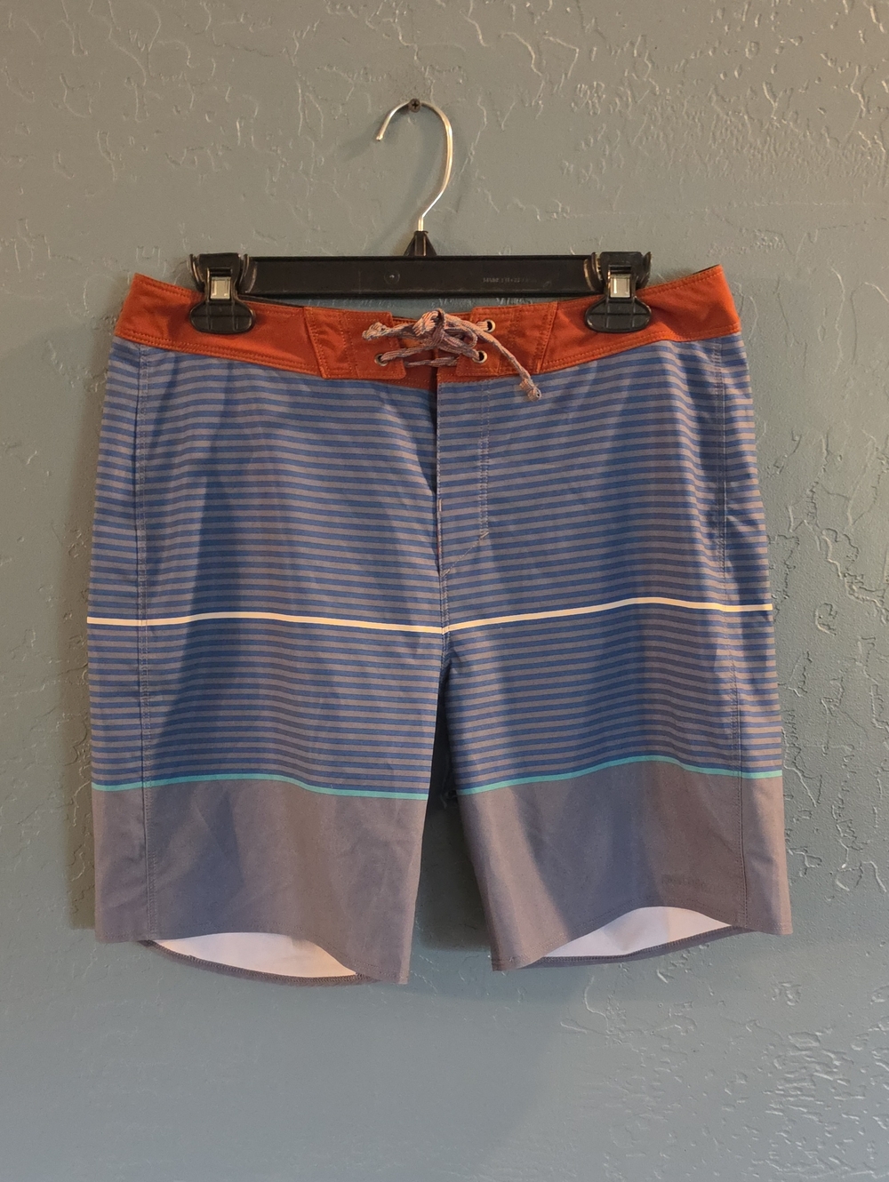 Patagonia Blue Striped Swim Board Shorts with Rust Waistband